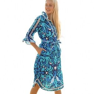 Lesley Evers Blue Paisley Cotton Midi Dress Eyelet Trim Pockets Large